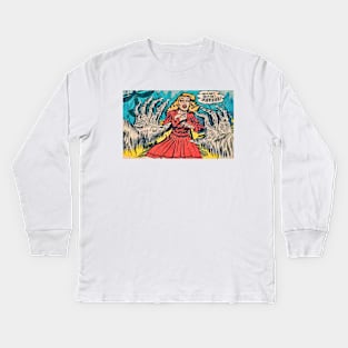 Comic hairy monster hands attacking a woman in red Kids Long Sleeve T-Shirt